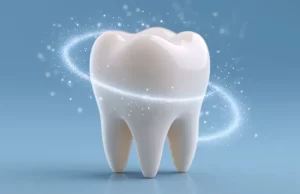 Diente blanco brillante sobre fondo azul que simboliza las soluciones para recuperar un incisivo perdido.
