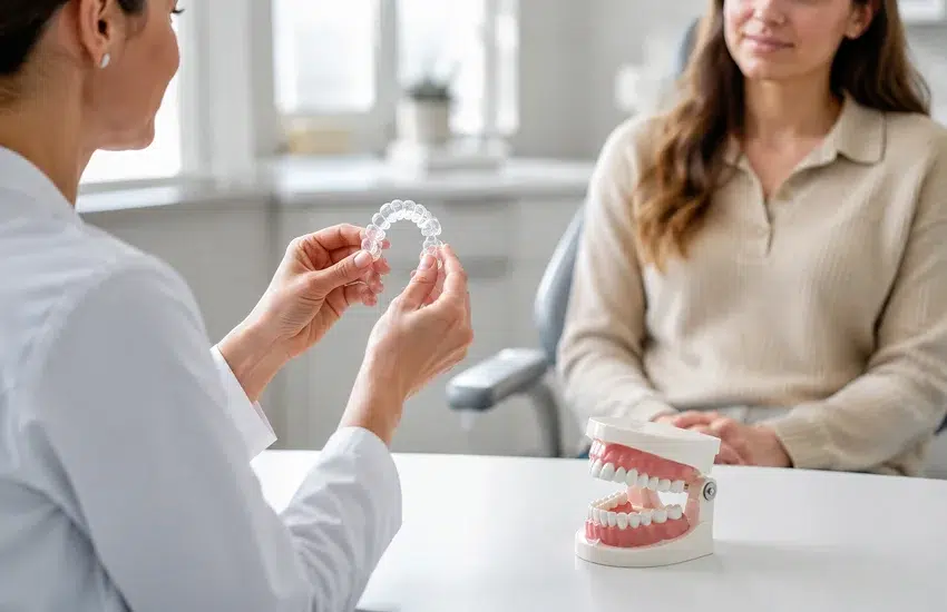 Paciente revisando su mordida con una férula de desprogramación en una consulta dental funcional