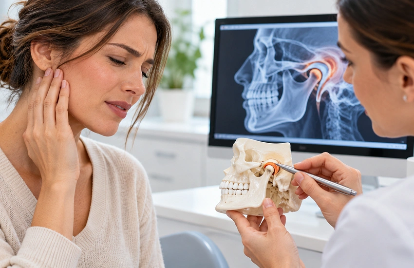 Paciente con dolor mandibular durante una consulta dental en la que se explica el funcionamiento de la articulación temporomandibular (ATM) mediante un modelo anatómico.