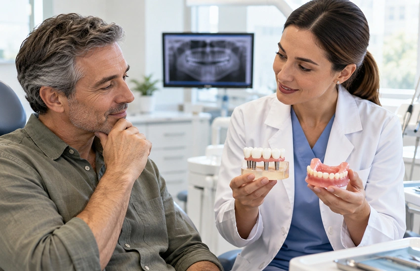 Dentista explicando a un paciente las diferencias entre prótesis dentales fijas sobre implantes y prótesis removibles mediante dos modelos dentales.