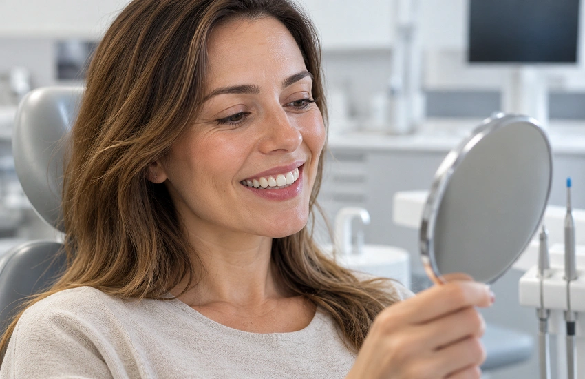 Mujer observando su sonrisa en un espejo de mano en una consulta dental.