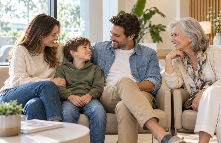 Familia de tres generaciones compartiendo un momento tranquilo en una sala de espera.