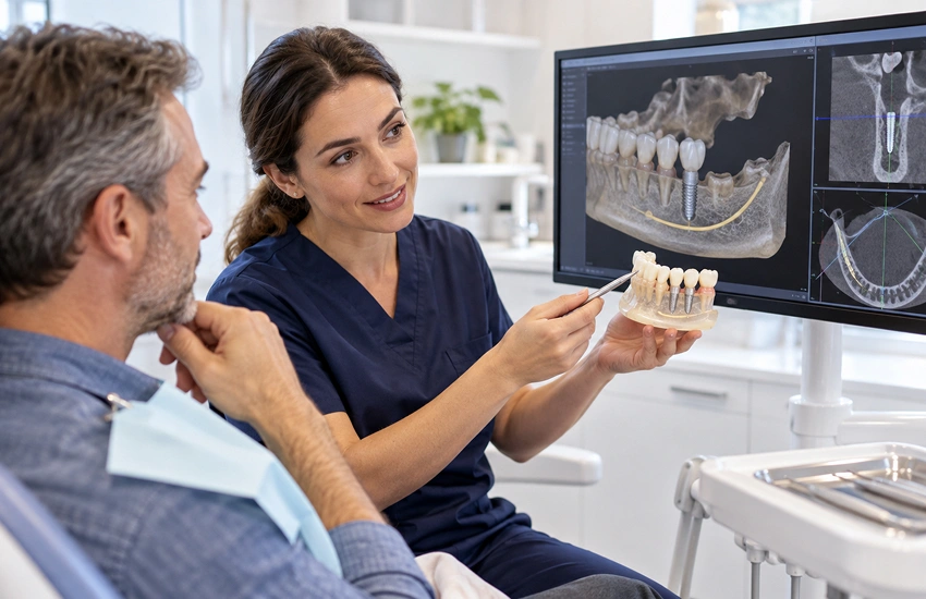 Dentista explicando a un paciente las opciones de implantes dentales cuando existe falta de hueso, mediante un modelo dental y un estudio radiológico 3D.